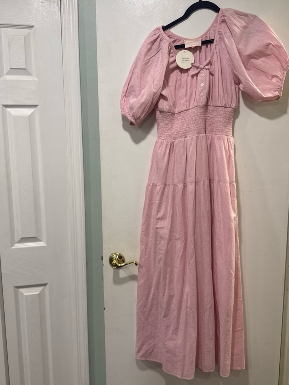 Pink Puff-Sleeve Smocked Waist Dress